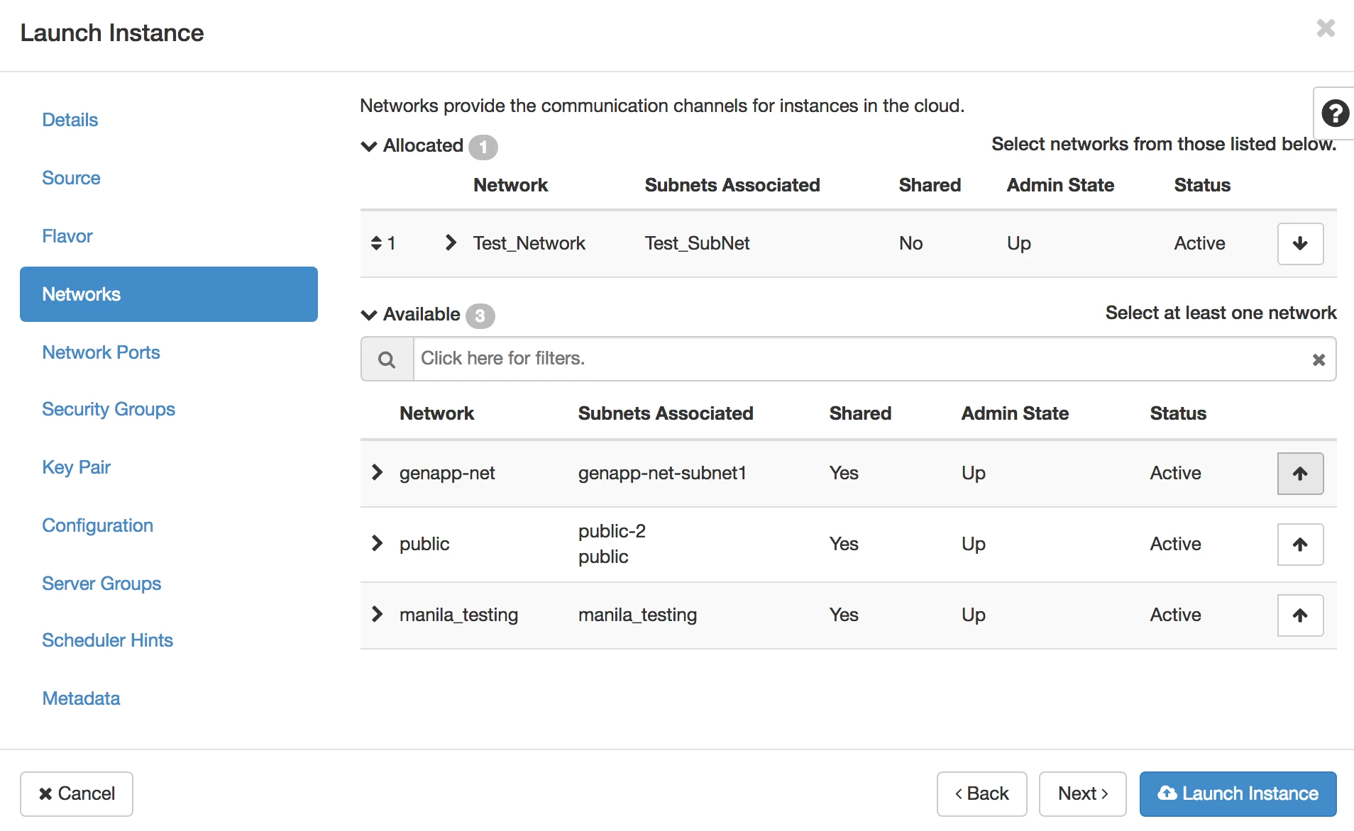 Screenshot of the "Launch Instance" modal's "Security Groups" tab